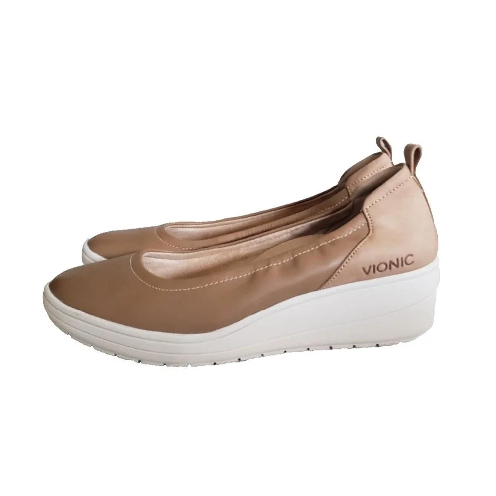 Vionic Women's Jacey Pump Size 7 Wedge Heel Brown Leather Slip On Comfy Shoe